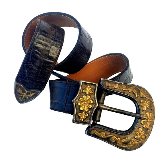 Streets Ahead Accessories - Vintage Western Belt S M Streets Ahead Leather Brass Buckle USA Unisex Chunky